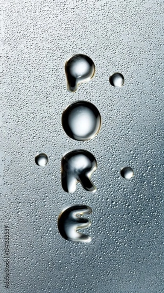 Fototapeta Water droplets forming the word 'PORE' against a backdrop of numerous smaller water droplets creating a textured surface
