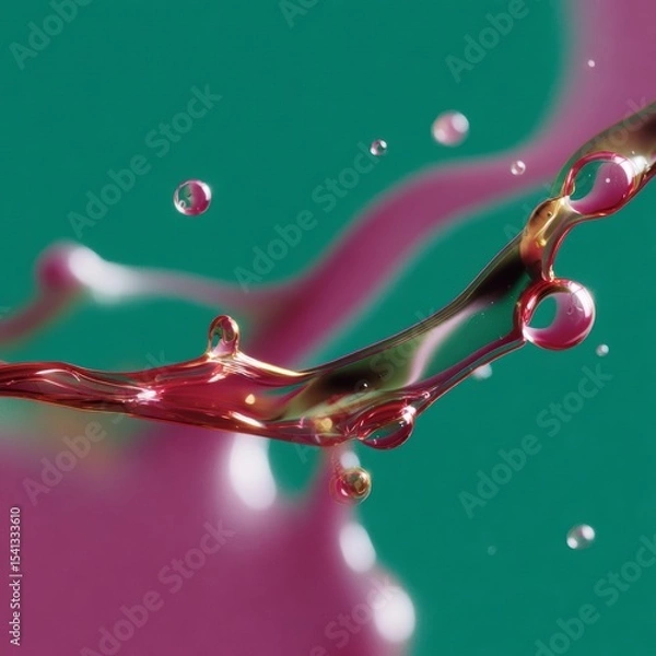 Fototapeta Liquid splash of a transparent reddish fluid with water drops against a green backdrop creating a dynamic and abstract