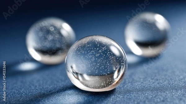 Fototapeta Three clear glass spheres with internal bubbles on a textured blue surface casting subtle shadows