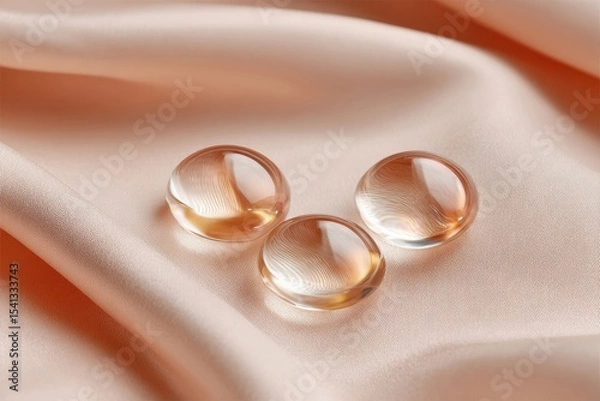 Fototapeta Three clear gel beads are arranged on a textured soft peach silk fabric creating a simple and elegant visual composition