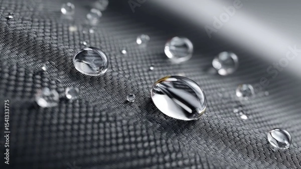 Fototapeta Water droplets cling to the surface of a textured gray material displaying reflections and refractions with clear detail