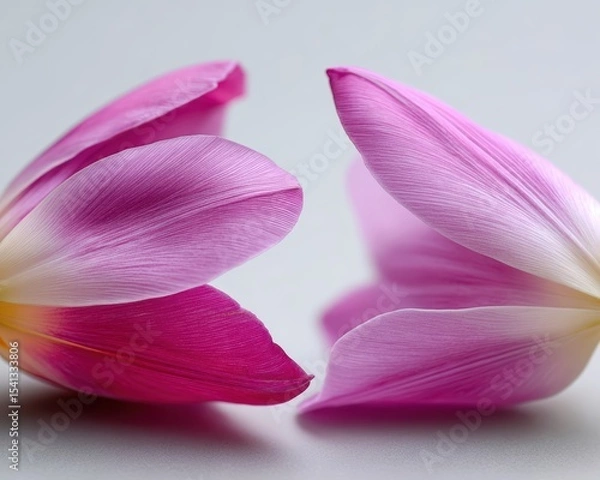 Fototapeta Close up of two separated tulip petals showing intricate textures and color gradients of pink magenta and white on a