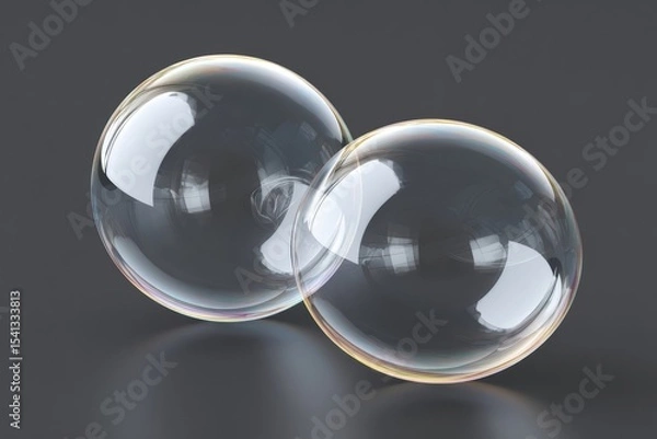 Fototapeta Two transparent soap bubbles resting on a gray surface exhibit light reflection and iridescent colors
