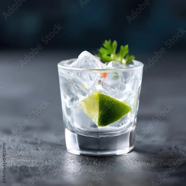 Fototapeta Clear glass filled with ice cubes clear liquid a lime wedge and a sprig of parsley on a dark gray surface