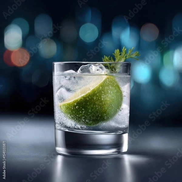 Fototapeta A clear glass containing a gin and tonic cocktail with ice lime wedge and a sprig of garnish set against a blurred bokeh