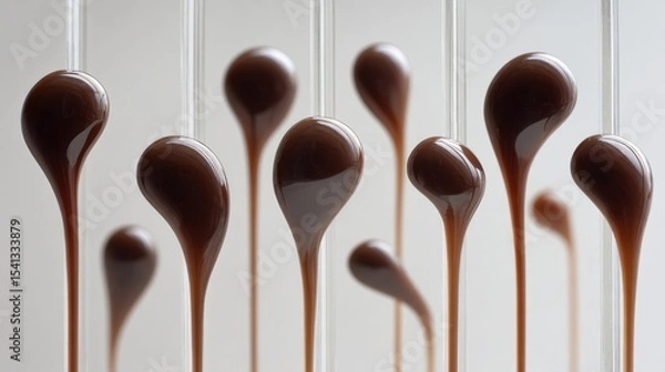 Fototapeta Brown glossy teardrop shaped forms on thin stems are set against a neutral background some in focus some blurred