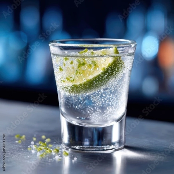 Fototapeta Glass shot filled with a clear bubbling liquid and a lime wedge salt and lime zest are scattered on a reflective surface