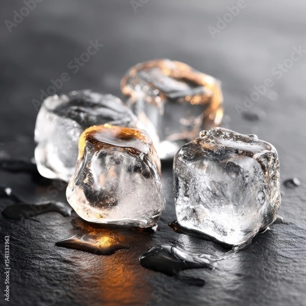 Fototapeta Close up shot of four ice cubes melting on a textured dark surface with visible water droplets reflecting light