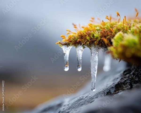 Fototapeta Close up shows icicles hanging from green and brown moss on a rock with droplets forming at the tips against a blurred