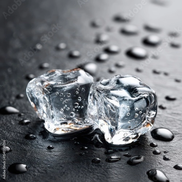 Fototapeta Two ice cubes sit on a dark textured surface surrounded by small water droplets and showing bubbles inside the ice