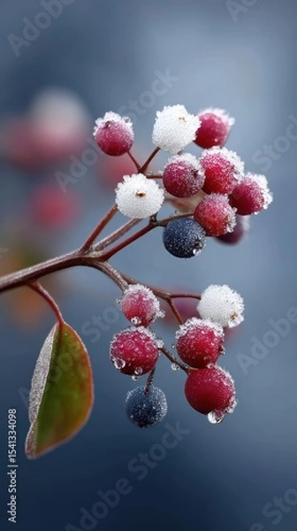 Fototapeta Frosted red and dark blue berries covered with ice crystals on a delicate branch against a blurred blue background