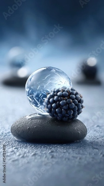 Fototapeta Blackberry and transparent ice sphere on a smooth dark gray stone with water droplets on a blue background