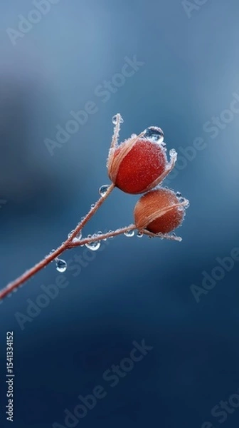 Fototapeta Two red berries on a branch are covered with ice crystals and water droplets set against a blurred blue background in a