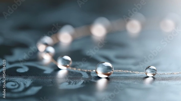 Fototapeta Delicate string of clear glass beads on a patterned dark blue surface in soft focus jewelry art