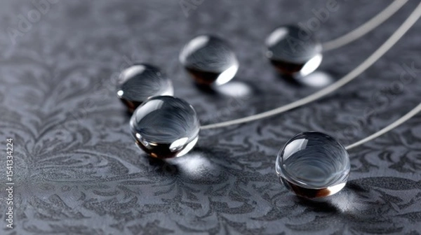 Fototapeta Five clear glass spheres are positioned on a patterned gray fabric surface connected by fine white strands