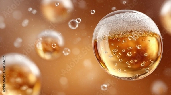 Fototapeta Effervescent beer bubbles float against a blurred amber background showcasing the liquid's golden hue and foamy head
