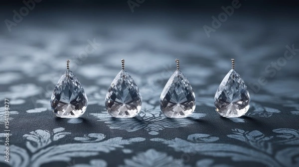 Fototapeta Four clear crystal teardrop pendants with gold bead caps arranged in a row on a patterned dark blue background surface