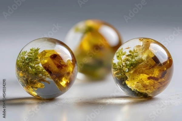 Fototapeta Three clear resin spheres encasing green plant sprigs and amber crystals sit on a gray surface in a macro studio shot