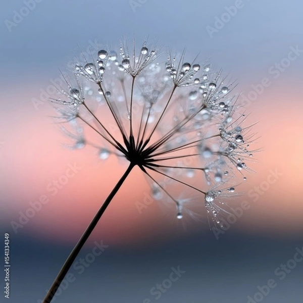Fototapeta Dandelion seed head covered in water droplets with blurred background displaying a gradient of pink blue and grey