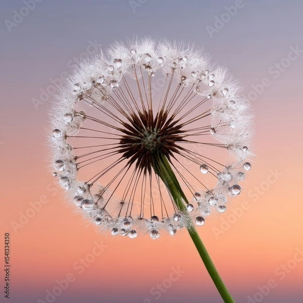 Fototapeta Dandelion seed head with water droplets against a soft gradient background of pastel colors The droplets cling to the