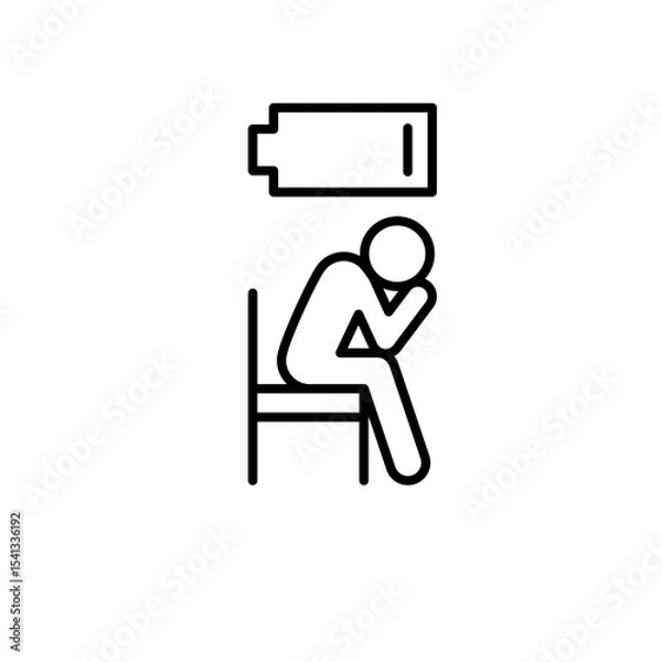 Fototapeta Burnout icon outline style. A person sitting with head down and low battery symbol above showing emotional exhaustion, depression, or fatigue. Thin line symbol vector illustration.