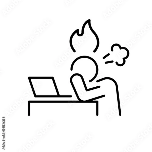 Fototapeta Work stress icon outline style. A person with head on desk and flame above symbolizing workplace burnout, frustration, or job overload. Thin line symbol vector illustration.