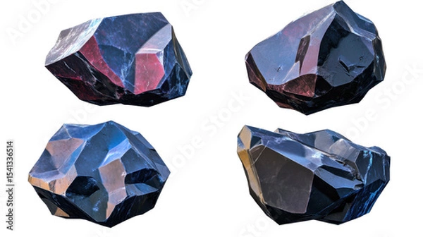 Fototapeta Various Natural Black Obsidian Rocks Featuring Sharp Edges and Shiny Surfaces Against Transparent Background