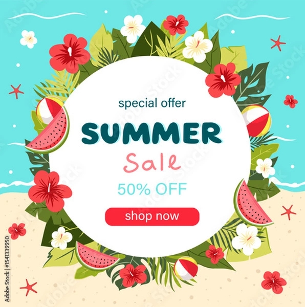 Fototapeta Round summer sale banner with tropical flowers, leaves, watermelon slices, and beach balls on sand and sea background. Vector template with "shop now" button and discount text.