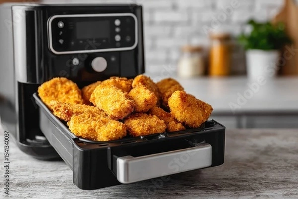 Obraz Air Fryer with Crispy Chicken Nuggets on Clean Counter in Modern Kitchen Setting