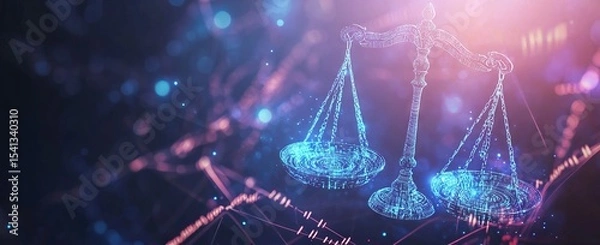 Fototapeta Legal Tech Innovation. Scales of Law Set Against a Digital Data Center Background