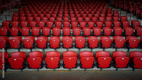 Fototapeta Rows of empty red stadium seats in a curved arrangement, creating a sense of anticipation and vastness in the venue. AI generated.
