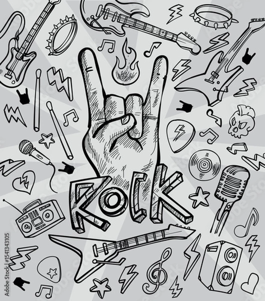 Fototapeta Rock and roll doodle black and white doodle drawing design set. vector illustration
