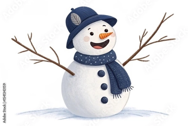 Fototapeta Cute Snowman with Hat and Scarf. Smiling snowman illustration wearing a blue hat and scarf with stick arms, standing on snow in a cheerful winter scene.