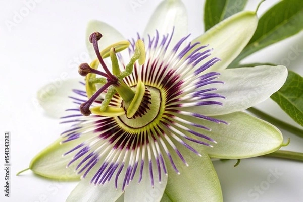 Fototapeta Close-Up of Passion Flower on White Background. Detailed macro image of a passion flower with intricate purple and white patterns, showcasing its unique structure and exotic beauty
