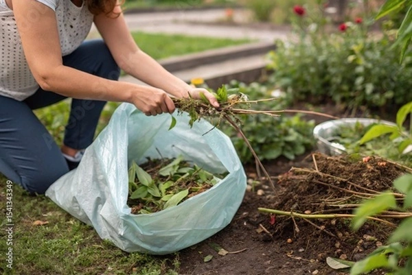 Fototapeta Woman Removing Garden Weeds into Trash Bag. Person kneeling in garden while pulling weeds and placing them into a trash bag, symbolizing yard work and outdoor maintenance
