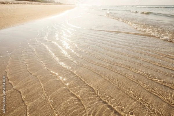 Fototapeta Sunlit Ocean Waves Gently Washing Sandy Beach. Soft waves ripple across a golden sandy beach under warm sunlight, creating a peaceful and serene coastal scene