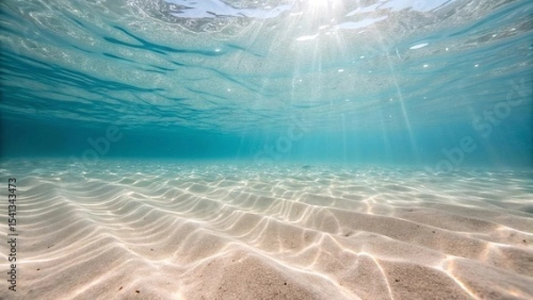 Fototapeta Underwater View of Sunlight over Sandy Ocean Floor. Crystal clear shallow ocean water reveals rippling sand below, with sun rays streaming through the surface creating a peaceful scene