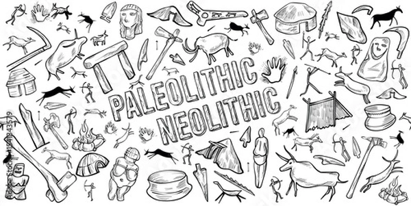 Fototapeta Paleolithic and Neolithic linear doodle illustration. Hand drawn vector clip art. Background banner set.