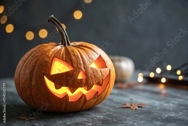 Fototapeta Glowing Halloween jack-o'-lantern with spooky lights. Carved pumpkin with a glowing face set on a moody surface, surrounded by Halloween lights and autumn atmosphere