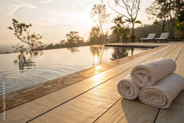Fototapeta Luxury Spa Poolside at Sunset with Towels. Tranquil spa scene featuring rolled towels beside an infinity pool at sunset, surrounded by trees and peaceful nature