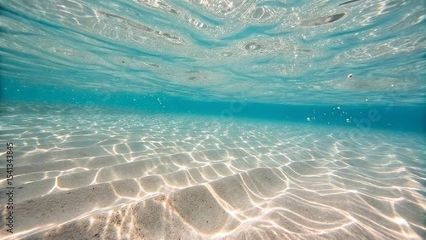 Fototapeta Clear Shallow Tropical Ocean Water Underwater View. Underwater view of transparent tropical sea with sunlight patterns on sandy ocean floor, capturing serenity and pristine natural beauty