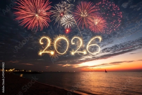 Fototapeta 2026 fireworks celebration over beach at sunset. Fireworks explode in the evening sky above the ocean, with glowing "2026" text marking New Year or celebration event