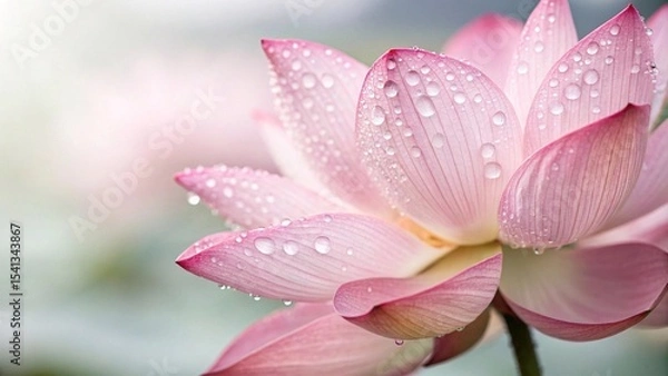 Fototapeta Pink lotus flower with water droplets closeup. Close-up of a pink lotus flower covered in fresh water droplets, symbolizing purity, tranquility, and natural beauty in soft light