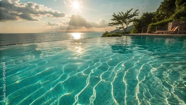Fototapeta Infinity Pool Overlooking Ocean at Sunset. Scenic infinity pool with shimmering water reflecting the golden sunset, offering a luxurious tropical escape by the sea