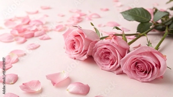 Fototapeta Pink Roses with Scattered Petals on Soft Background. Elegant arrangement of pink roses with fallen petals on a light background, symbolizing romance, beauty, and delicate emotions