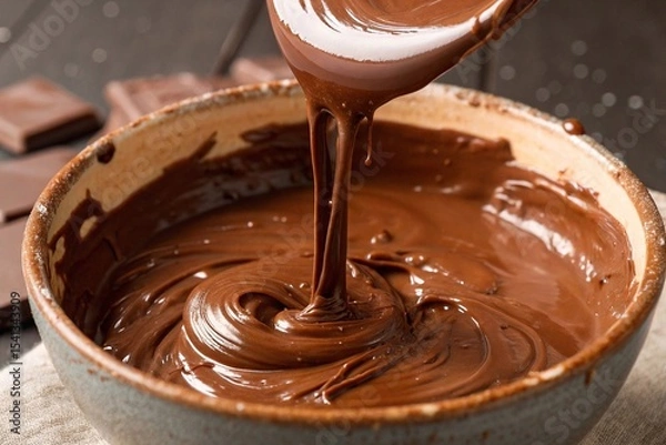 Fototapeta Melted chocolate being poured into ceramic bowl. Thick, smooth melted chocolate being poured into a rustic bowl, perfect for dessert, baking, or confectionery visuals