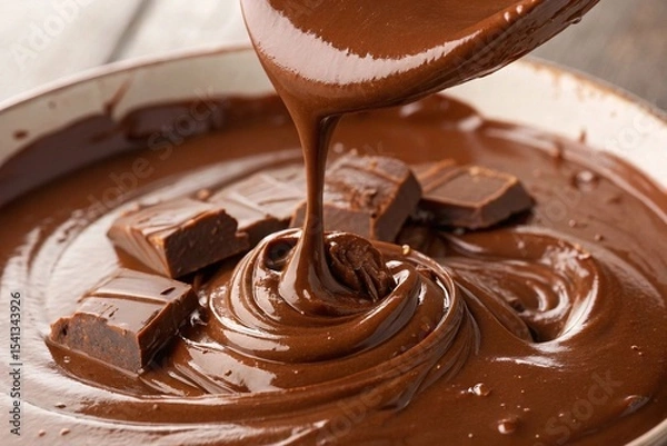 Fototapeta Melted chocolate poured over chocolate chunks. Close-up of rich melted chocolate being poured onto solid chunks, perfect for dessert, baking, and indulgent food concepts