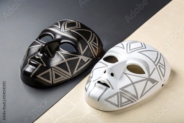 Fototapeta Black and white tribal masks on contrasting background. Two decorative masks, one black and one white, with geometric tribal patterns, placed on a split black and beige surface