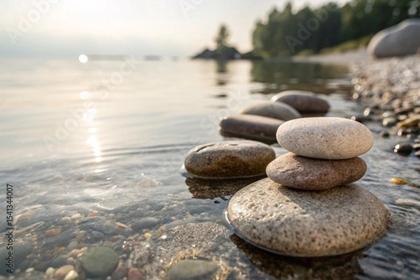 Fototapeta Balanced Stones by Calm Lakeshore at Sunrise. Stacked smooth stones on a tranquil lake shore at sunrise, symbolizing peace, balance, and natural relaxation in nature