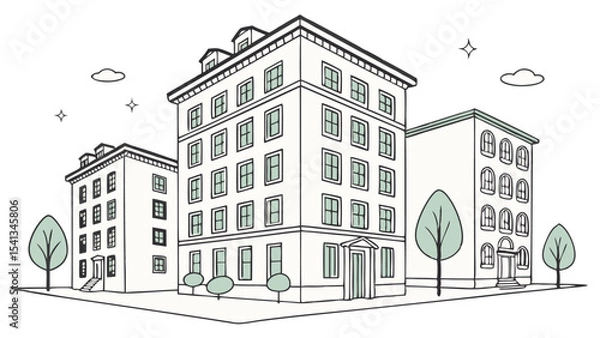 Fototapeta Vector art of a charming row of classic buildings, isolated on transparent background, under a twilight sky